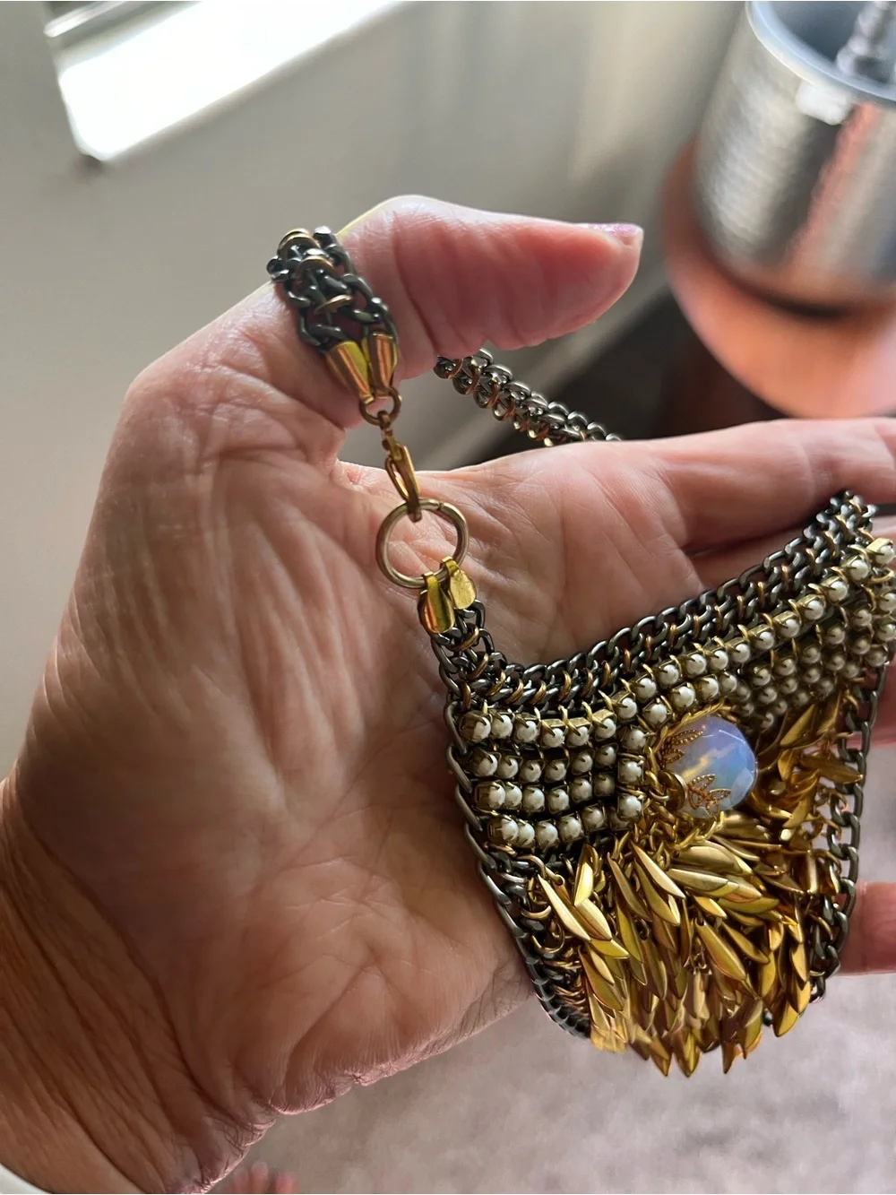 Gold-Tone Beaded Statement Ankle Bracelet Pair with Opalescent Stones